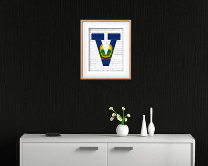 Vermont State Initial Flag Wood Framed Paper Print Decor Wall Art Gifts, Brick