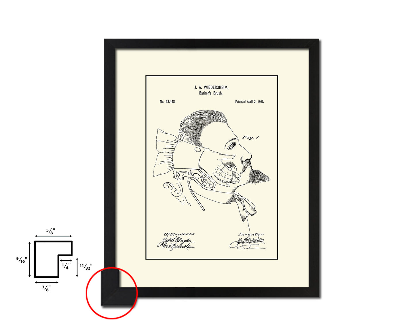 Barber's Brush Barbershop Vintage Patent Artwork Black Frame Print Wall Art Decor Gifts