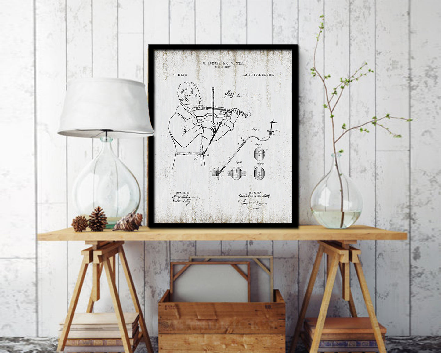 Violin Rest Music Vintage Patent Artwork Black Frame Print Wall Art Decor Gifts