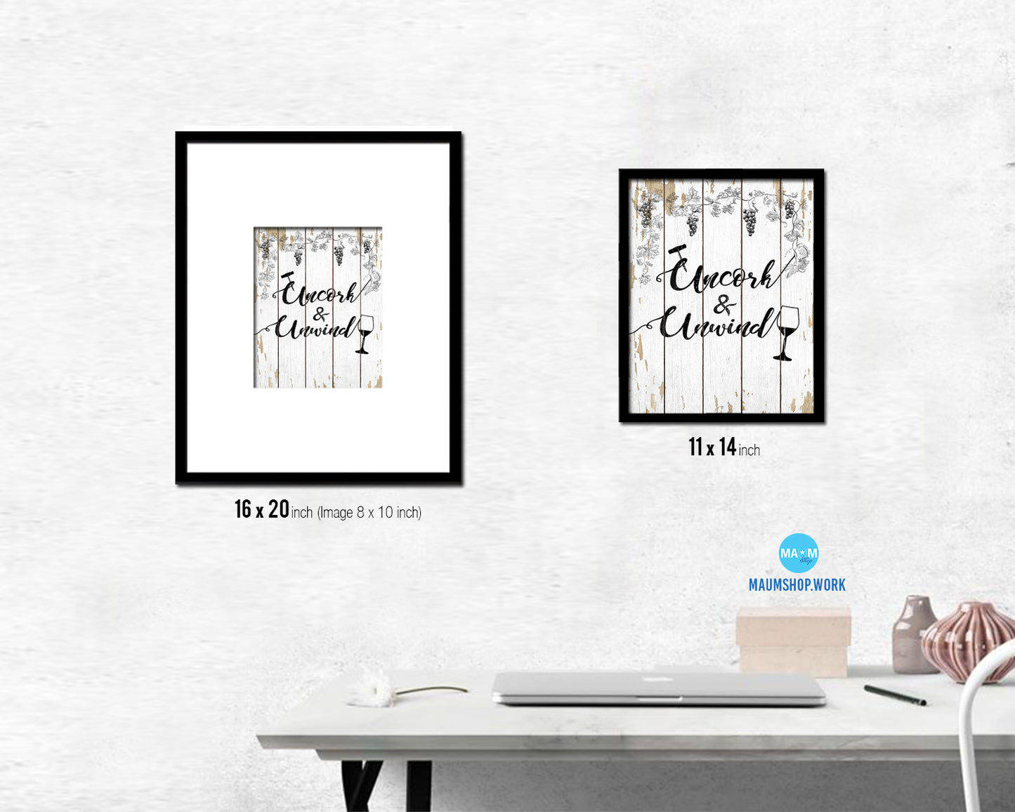 Uncork & Unwind Words Wood Framed Print Wall Decor Art Gifts