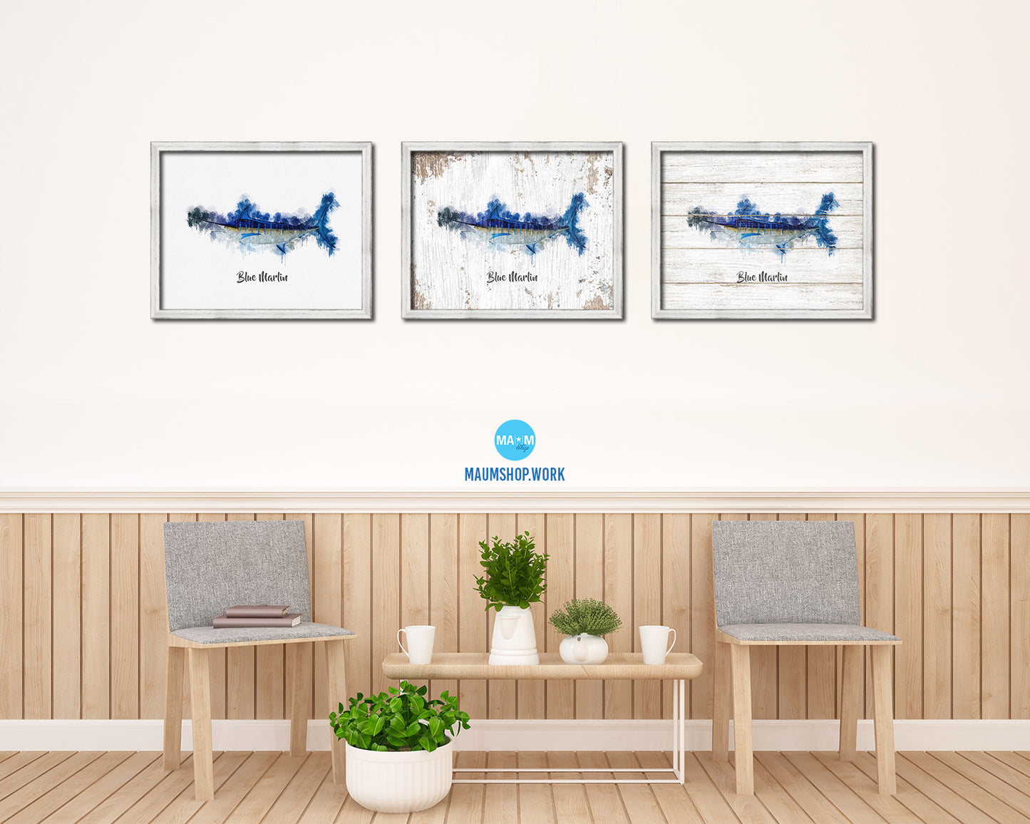 Blue Marlin Fish Framed Prints Modern Restaurant Sushi Bar Watercolor Wall Art Decor