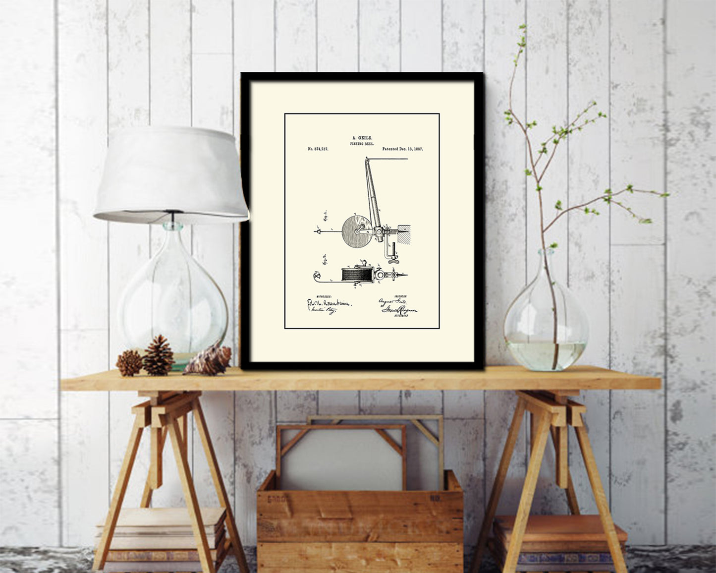 Reel Fishing Vintage Patent Artwork Black Frame Print Wall Art Decor Gifts