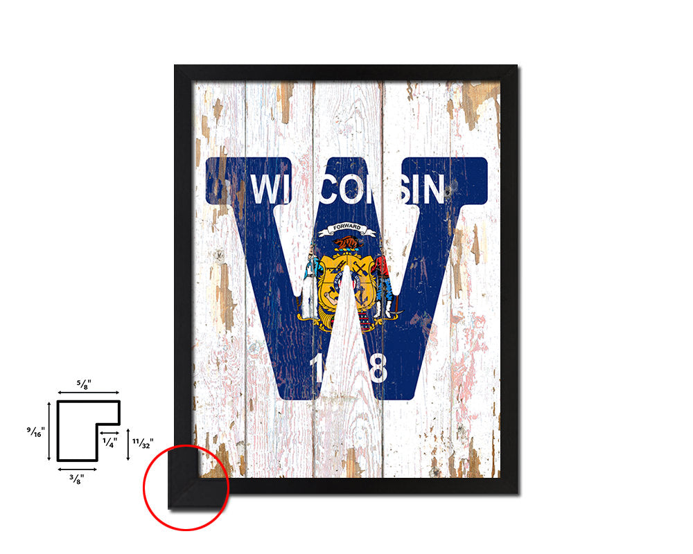 Wisconsin State Initial Flag Wood Framed Paper Print Decor Wall Art Gifts, Beach