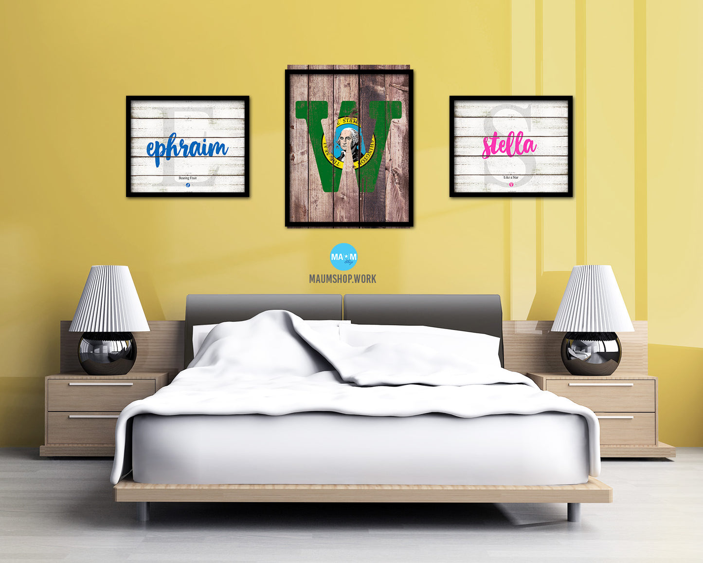 Washington State Initial Flag Wood Framed Paper Print Decor Wall Art Gifts, Wood