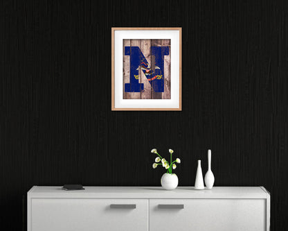 North Dakota State Initial Flag Wood Framed Paper Print Decor Wall Art Gifts, Wood