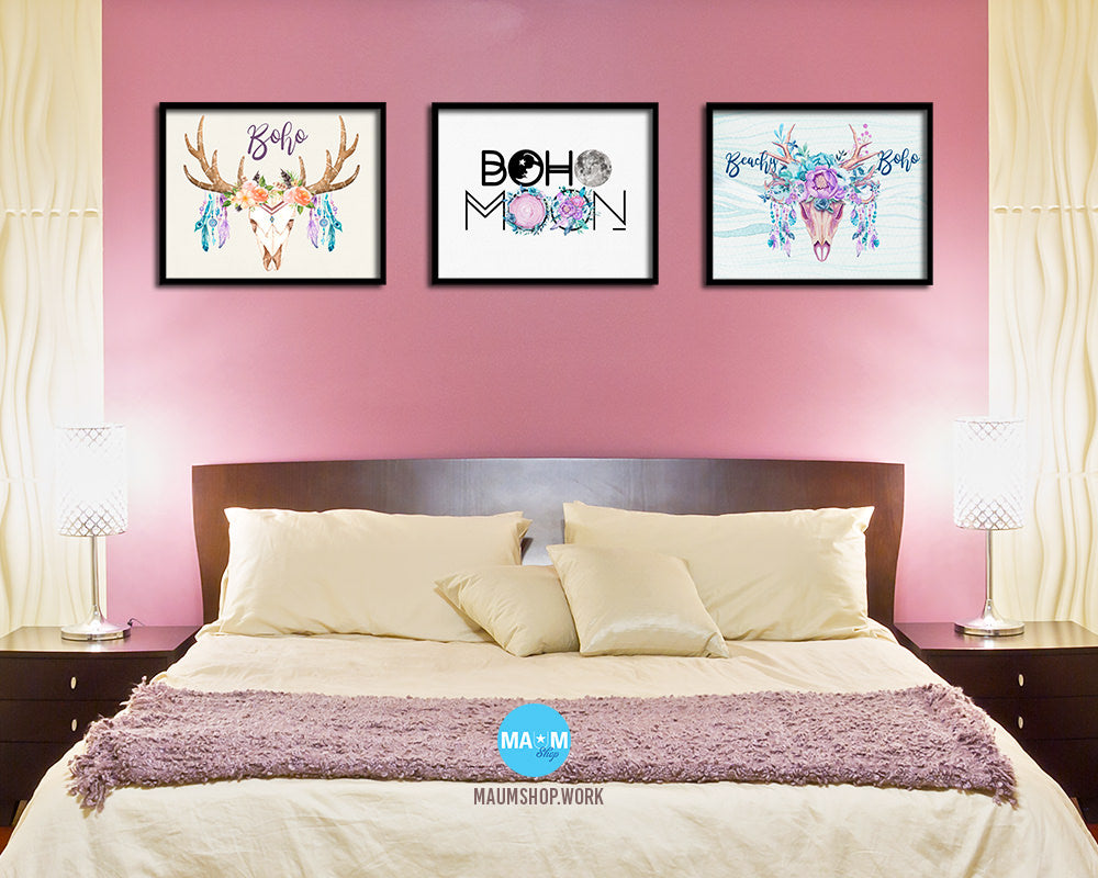 Boho Moon Wood Framed Print Bohemian Girls Room Nursery Wall Art Decor Gifts