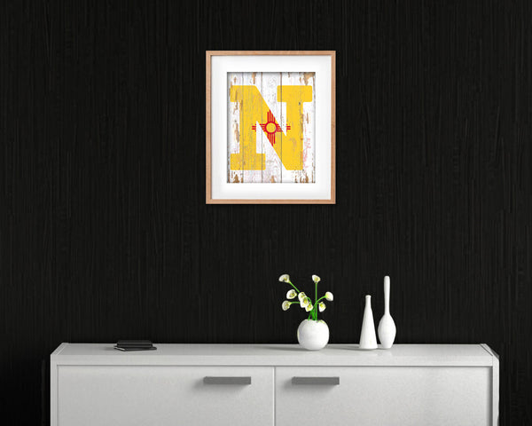 New Mexico State Initial Flag Wood Framed Paper Print Decor Wall Art Gifts, Beach