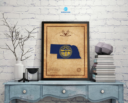 Nebraska State Vintage Map Wood Framed Paper Print  Wall Art Decor Gifts