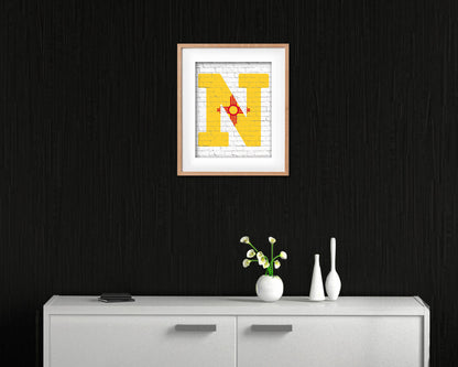 New Mexico State Initial Flag Wood Framed Paper Print Decor Wall Art Gifts, Brick