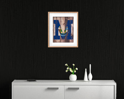 Maine State Initial Flag Wood Framed Paper Print Decor Wall Art Gifts, Wood