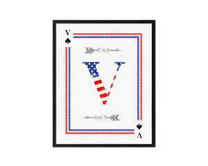 Letter V Custom Monogram Card Decks Spade American Flag Framed Print Wall Art Decor Gifts