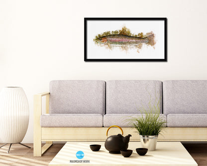 Rainbow Trout Fish Art Wood Frame Modern Restaurant Sushi Wall Decor Gifts, 10" x 20"