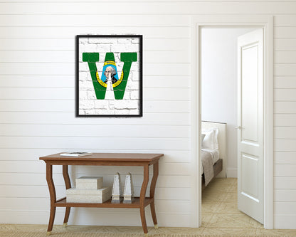 Washington State Initial Flag Wood Framed Paper Print Decor Wall Art Gifts, Brick