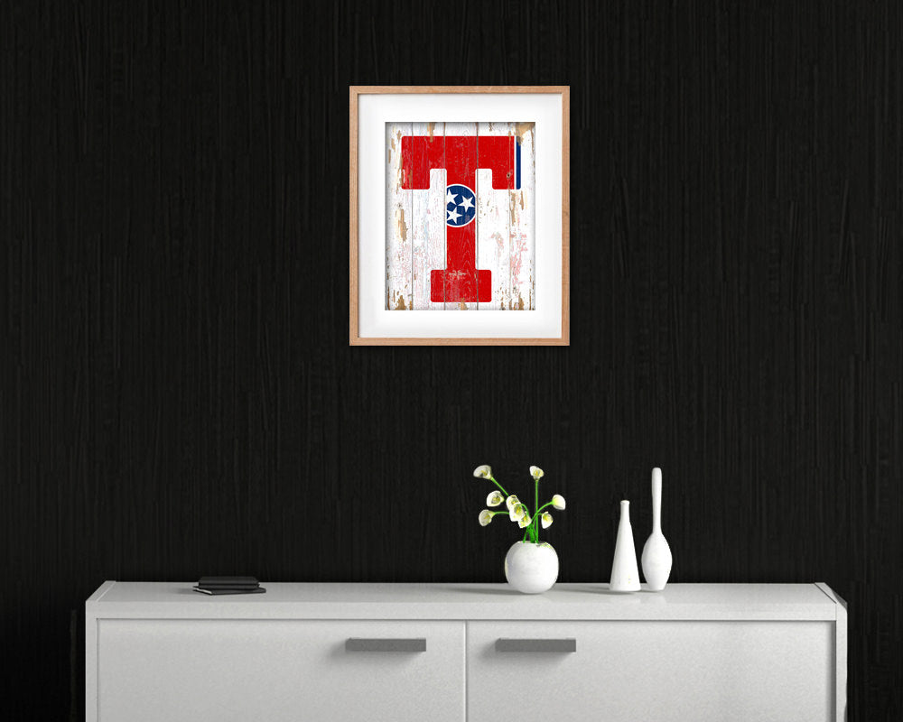 Tennessee State Initial Flag Wood Framed Paper Print Decor Wall Art Gifts, Beach