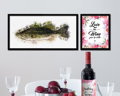 Largemouth Bass Fish Art Wood Frame Modern Restaurant Sushi Wall Decor Gifts, 10" x 20"