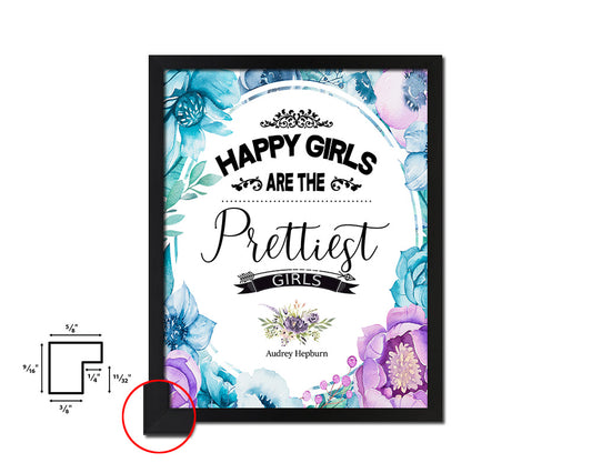 Happy girls are the prettiest, Audrey Hepburn Quote Boho Flower Framed Print Wall Decor Art