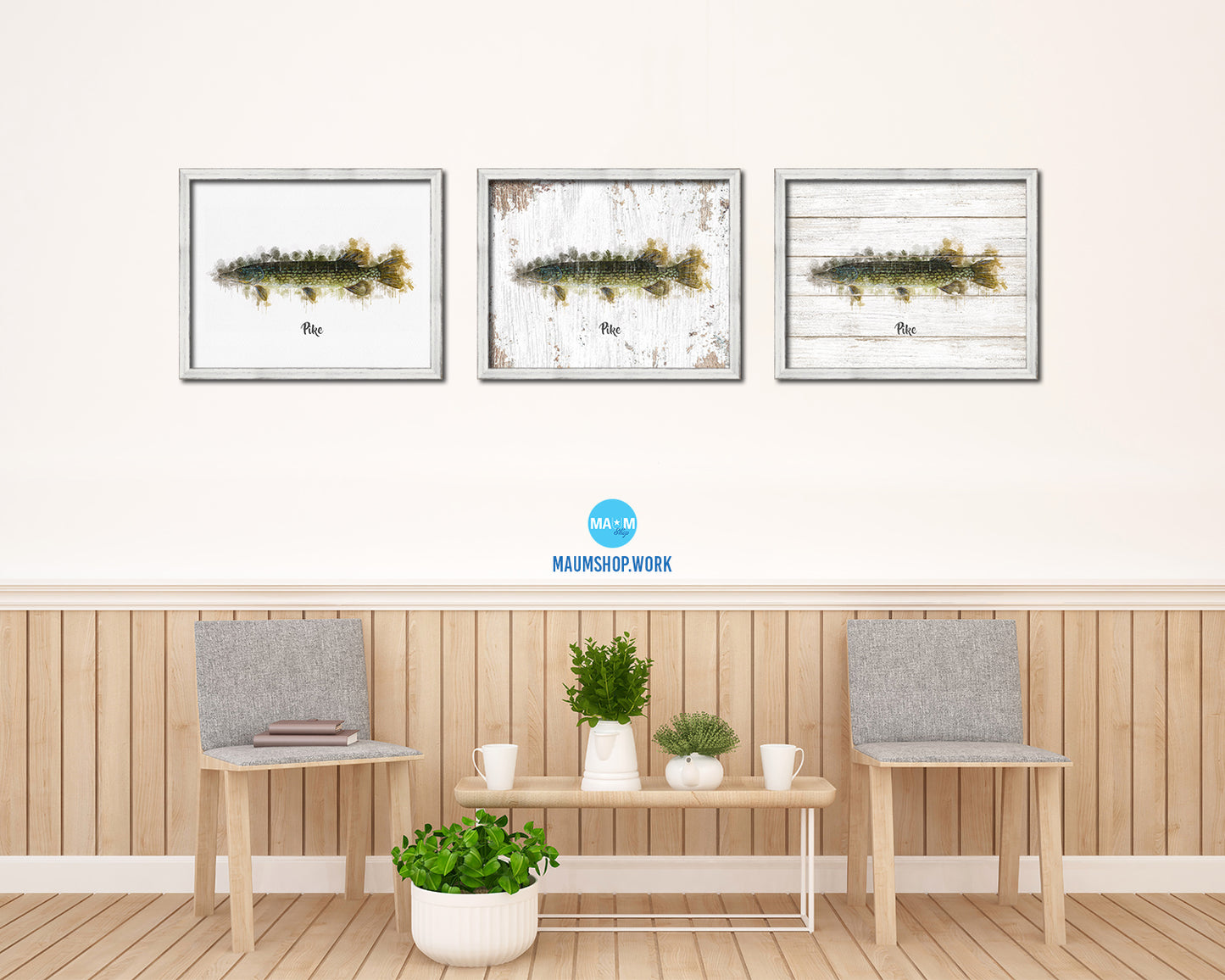 Pike Fish Framed Prints Modern Restaurant Sushi Bar Watercolor Wall Art Decor