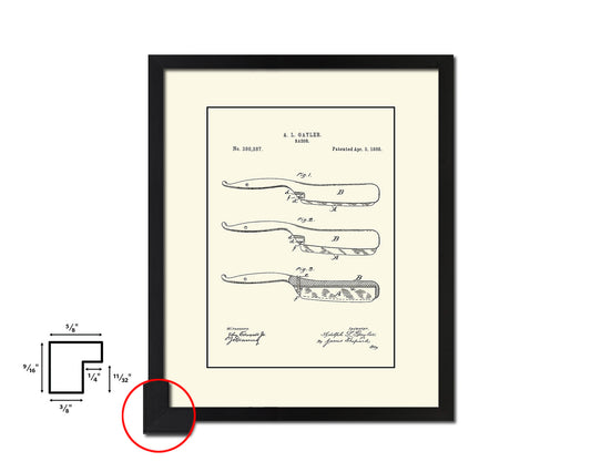 Razor Barbershop Vintage Patent Artwork Black Frame Print Wall Art Decor Gifts