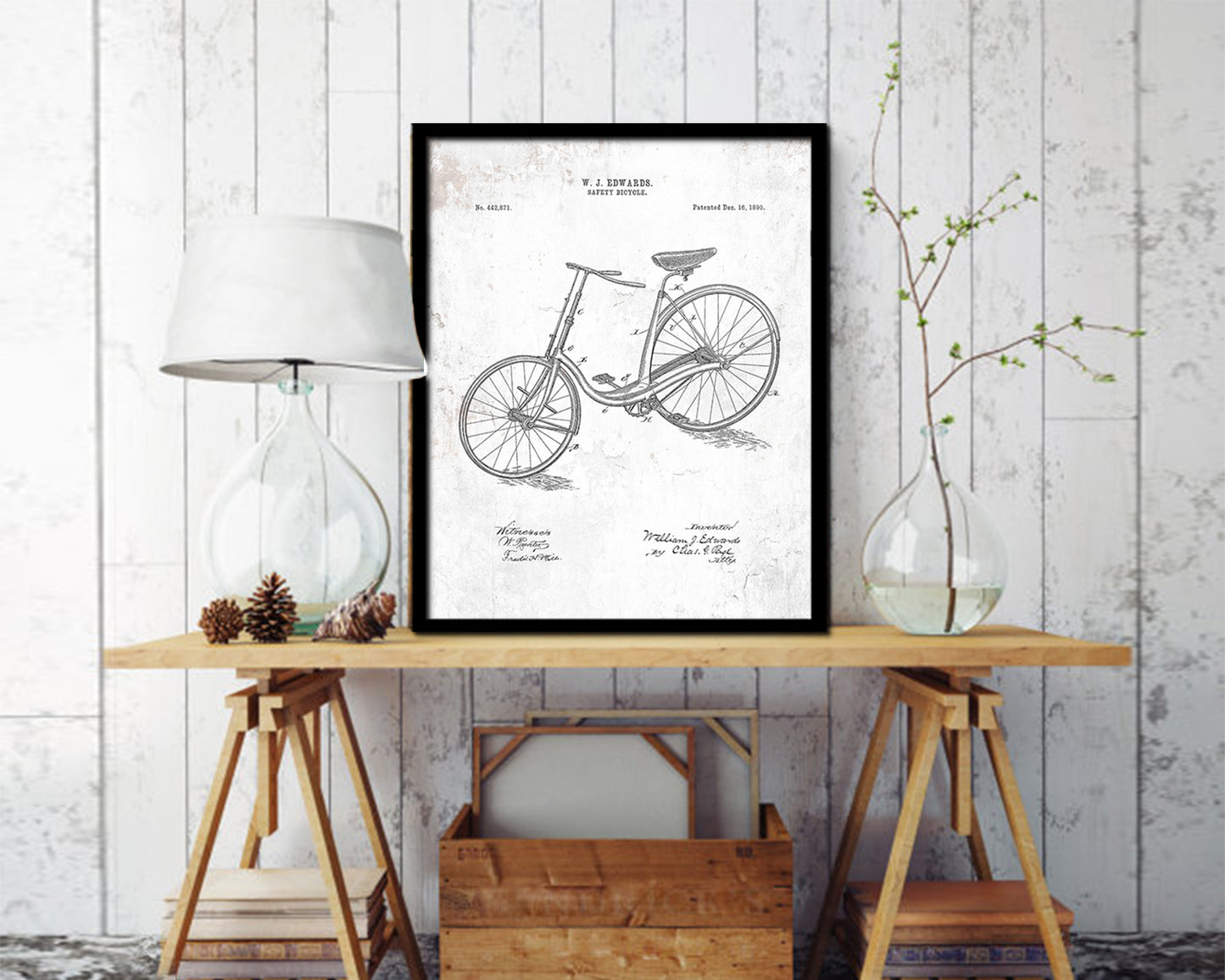 Safety 1890 Bicycle Vintage Patent Artwork Black Frame Print Wall Art Decor Gifts