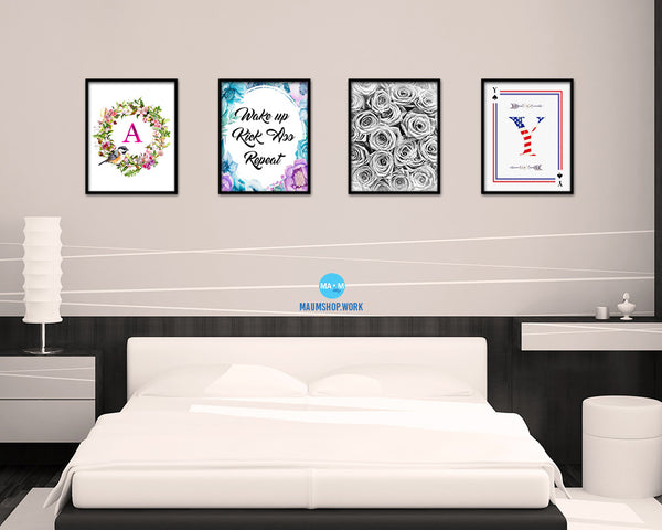 Wake up Kick ass Repeat Quote Boho Flower Framed Print Wall Decor Art