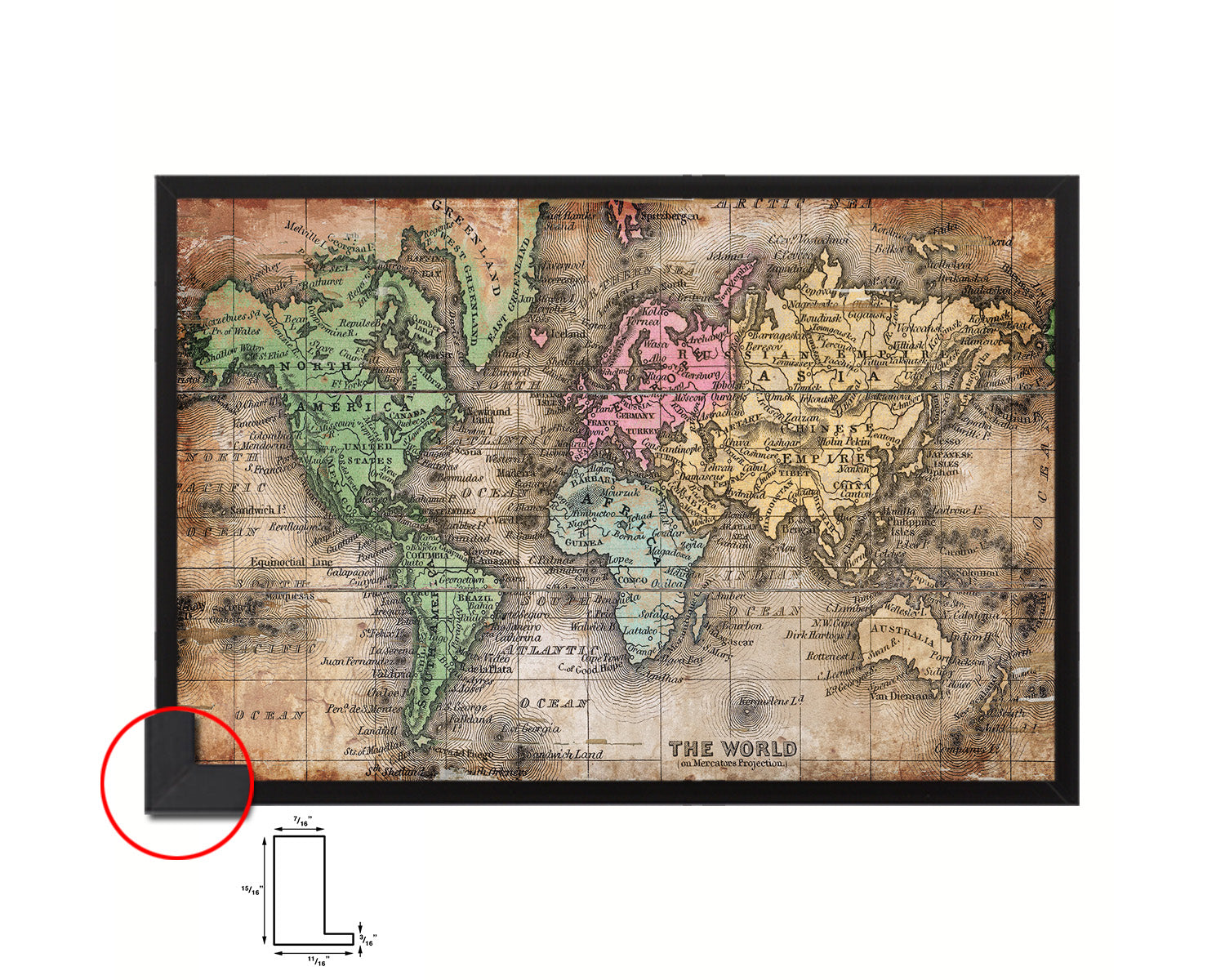 World Mercator Projection Circa 1860 Antique Map Framed Print Art Wall Decor Gifts