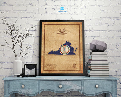 Virginia State Vintage Map Wood Framed Paper Print  Wall Art Decor Gifts
