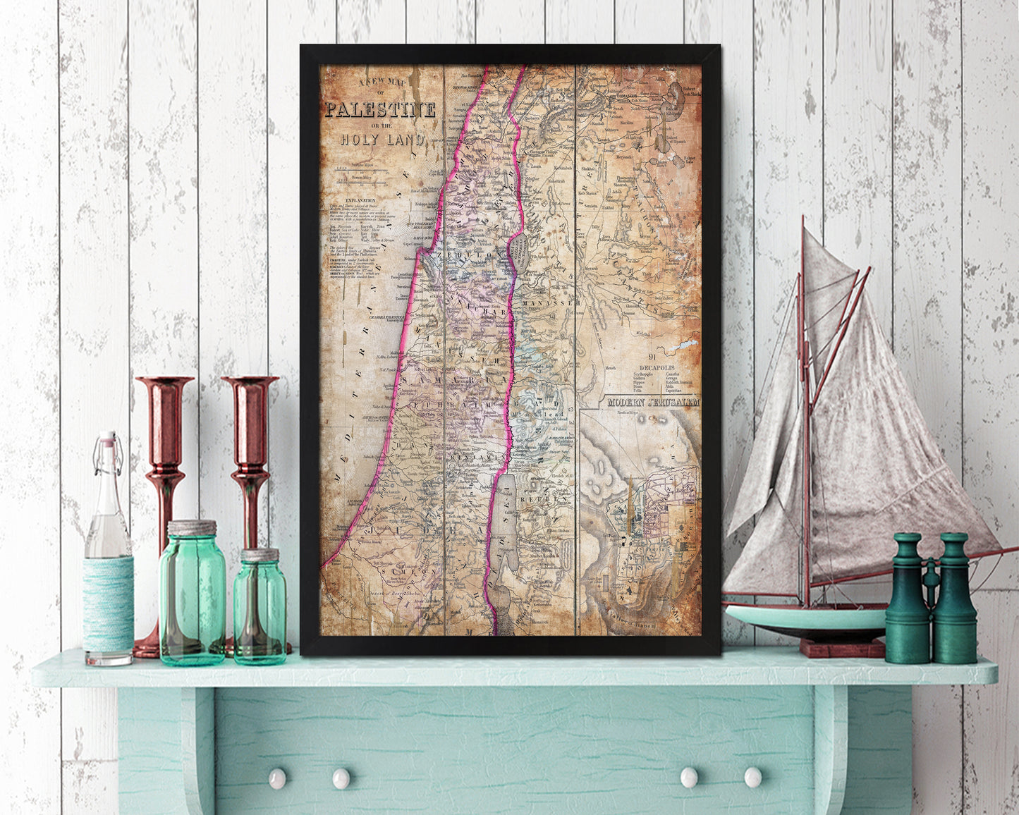 Palestine Israel Jerusalem Antique Map Wood Framed Print Art Wall Decor Gifts