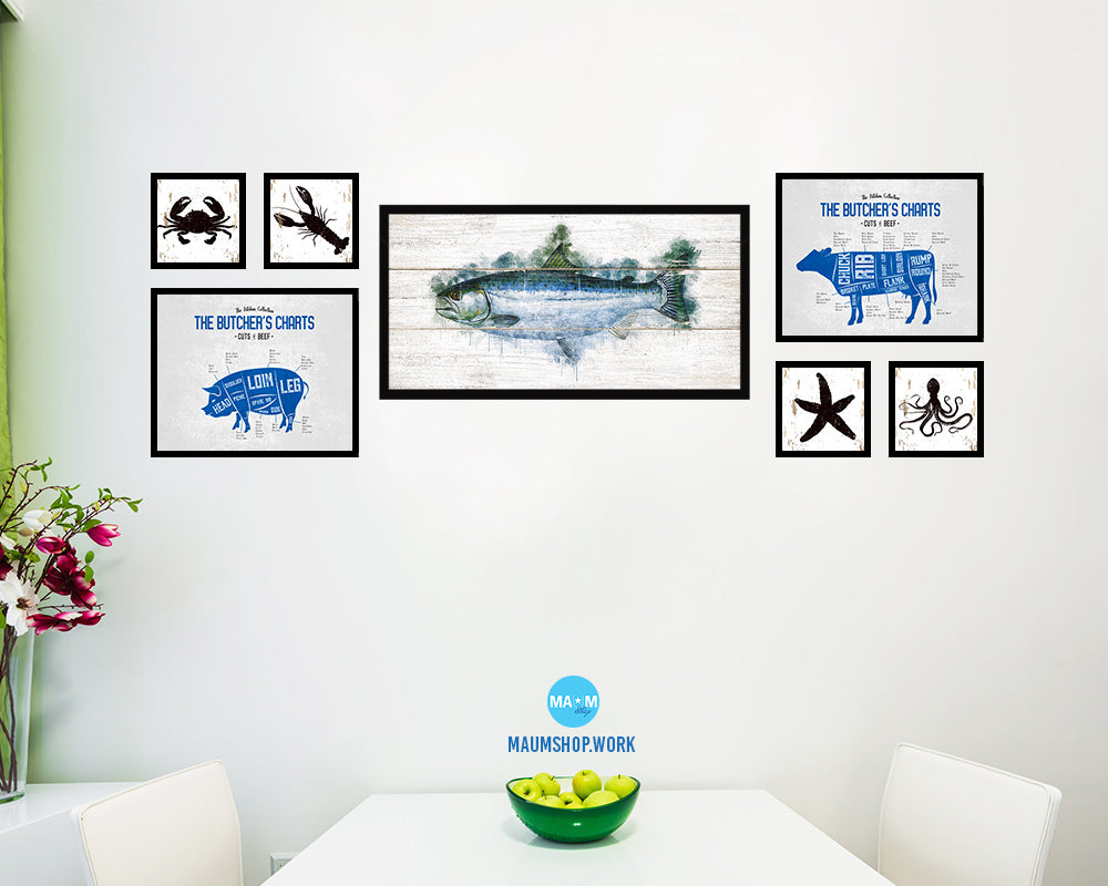 Salmon Fish Art Wood Framed White Wash Restaurant Sushi Wall Decor Gifts, 10" x 20"