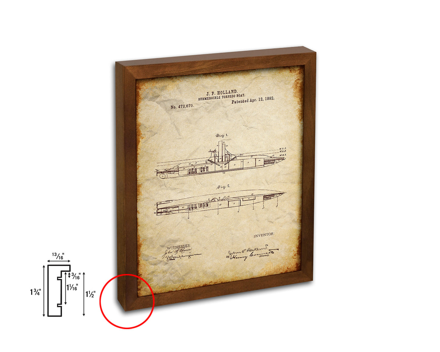 Submarine Nautical Vintage Patent Artwork Walnut Frame Gifts