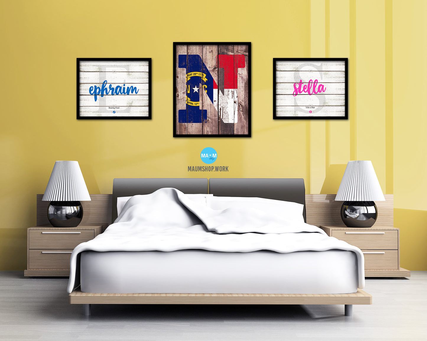 North Carolina State Initial Flag Wood Framed Paper Print Decor Wall Art Gifts, Wood