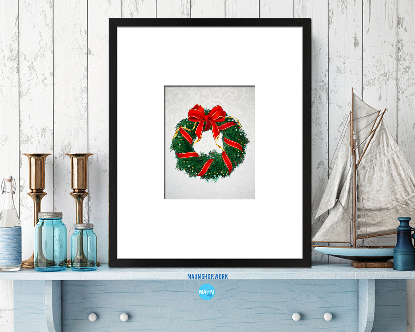 Christmas Wreath Holiday Season Gifts Wood Framed Print Home Decor Wall Art