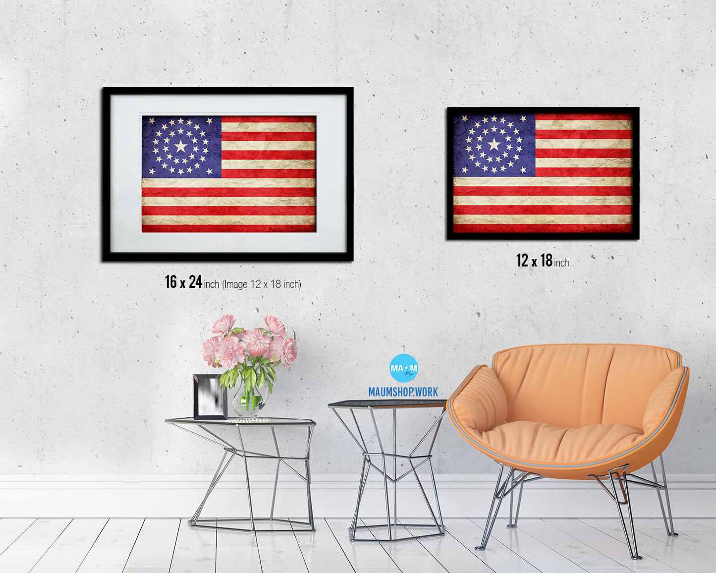 34 Stars Lincoln and Johnson Vintage Military Flag Framed Print Sign Decor Wall Art Gifts