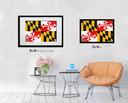 Maryland State Shabby Chic Flag Wood Framed Paper Print  Wall Art Decor Gifts