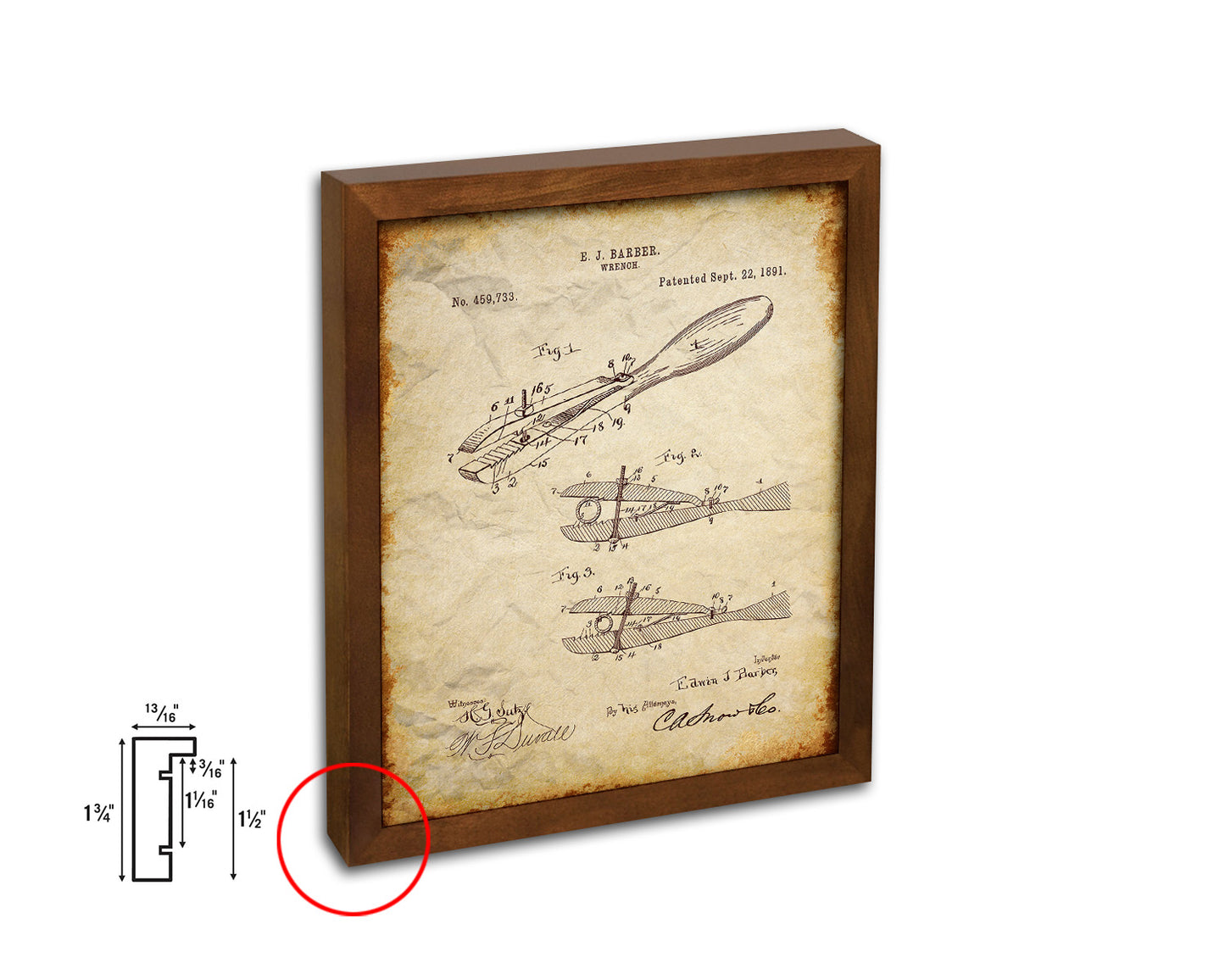 Wrench Tools Vintage Patent Artwork Walnut Frame Gifts