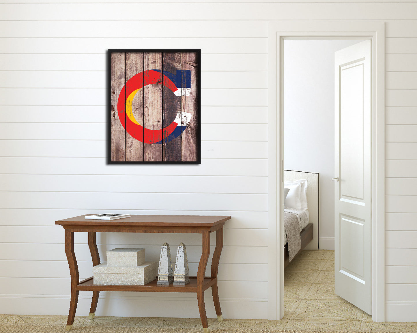 Colorado State Initial Flag Wood Framed Paper Print Decor Wall Art Gifts, Wood