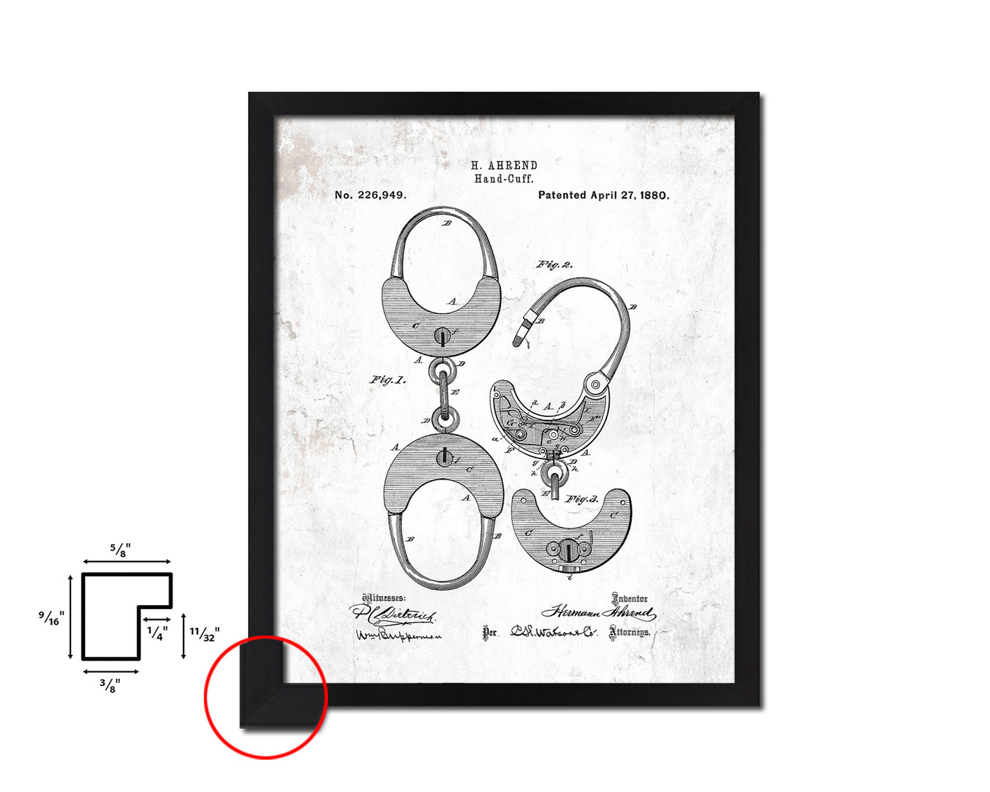 Handcuffs Police Vintage Patent Artwork Black Frame Print Wall Art Decor Gifts