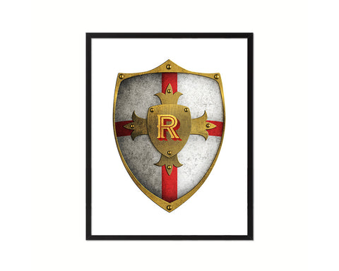 Letter R Medieval Castle Knight Shield Monogram Framed Print Wall Art Decor Gifts