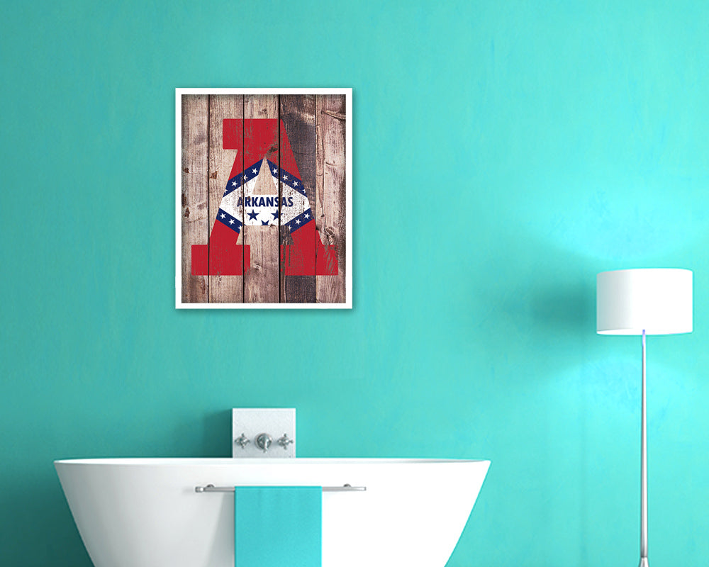 Arkansas State Initial Flag Wood Framed Paper Print Decor Wall Art Gifts, Wood