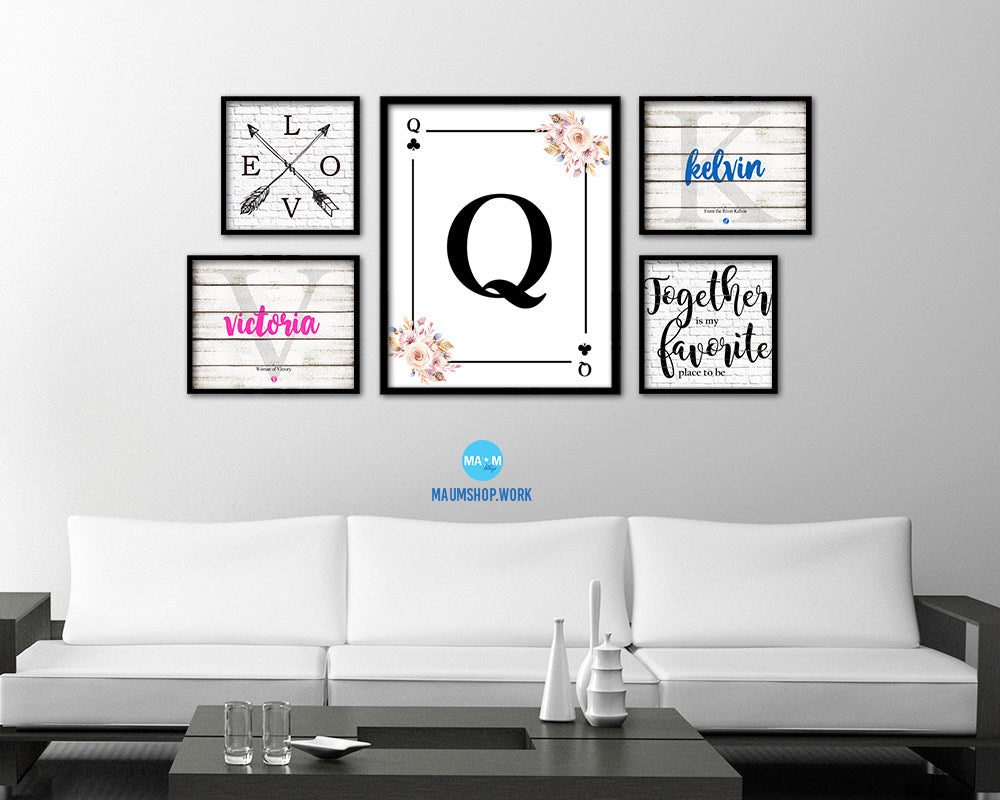 Letter Q Personalized Boho Monogram Clover Card Decks Framed Print Wall Art Decor Gifts