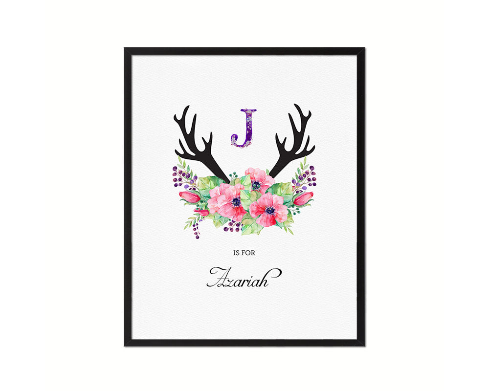 Initial Letter J Watercolor Floral Boho Monogram Art Framed Print Baby Girl Room Wall Decor Gifts