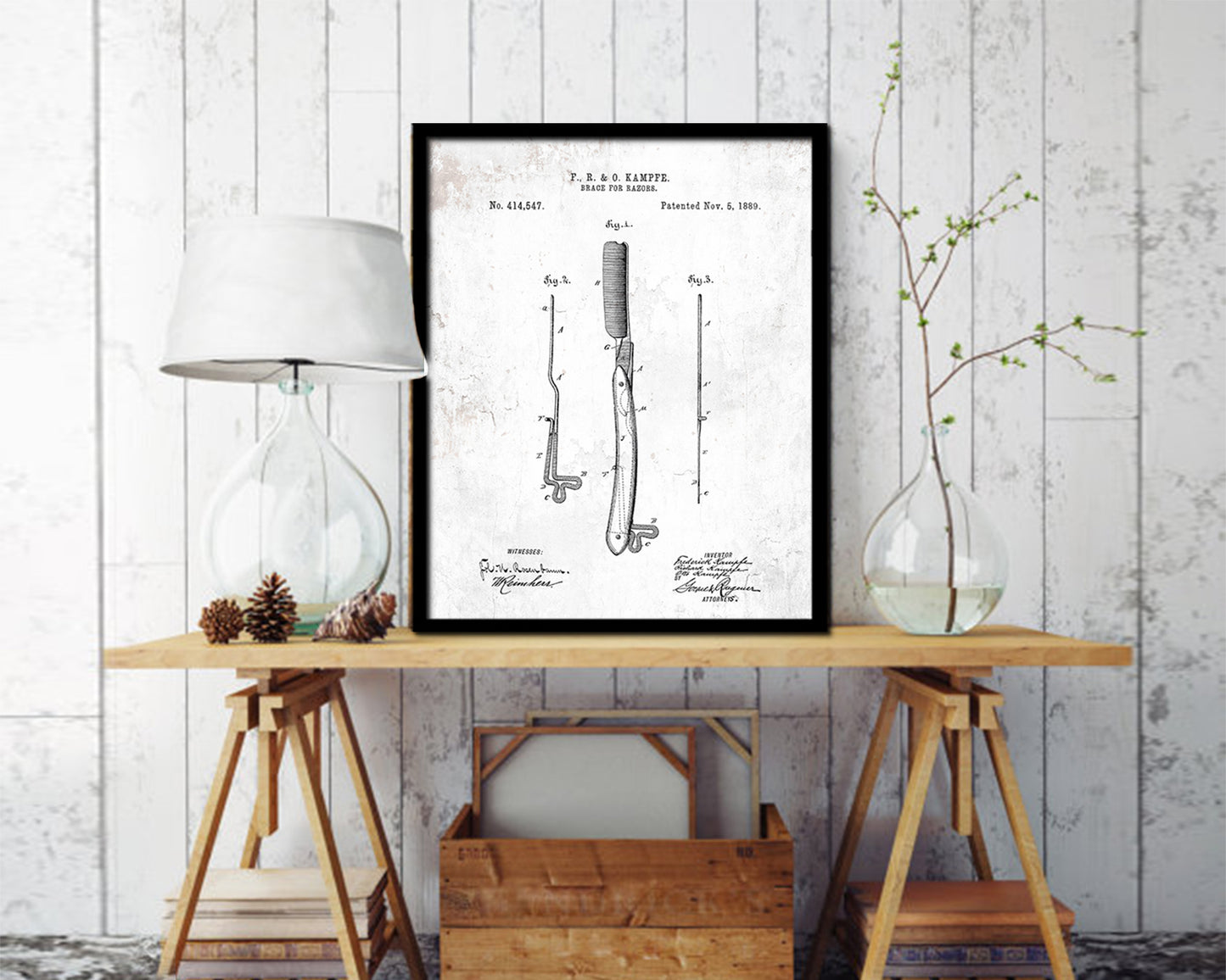 Razor Brace Barbershop Vintage Patent Artwork Black Frame Print Wall Art Decor Gifts