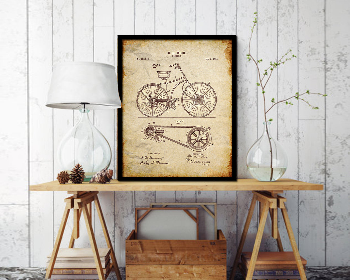 Wheel Bicycle Vintage Patent Artwork Walnut Frame Print Wall Art Decor Gifts