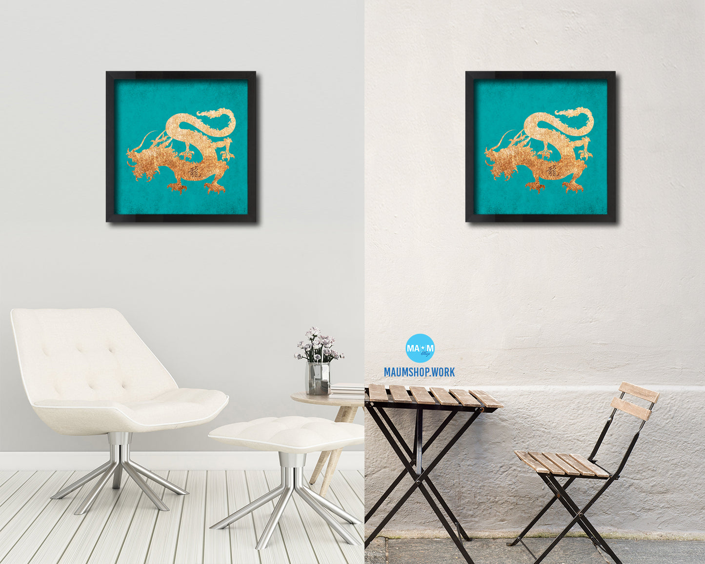 Dragon Chinese Zodiac Character Wood Framed Print Wall Art Decor Gifts, Aqua