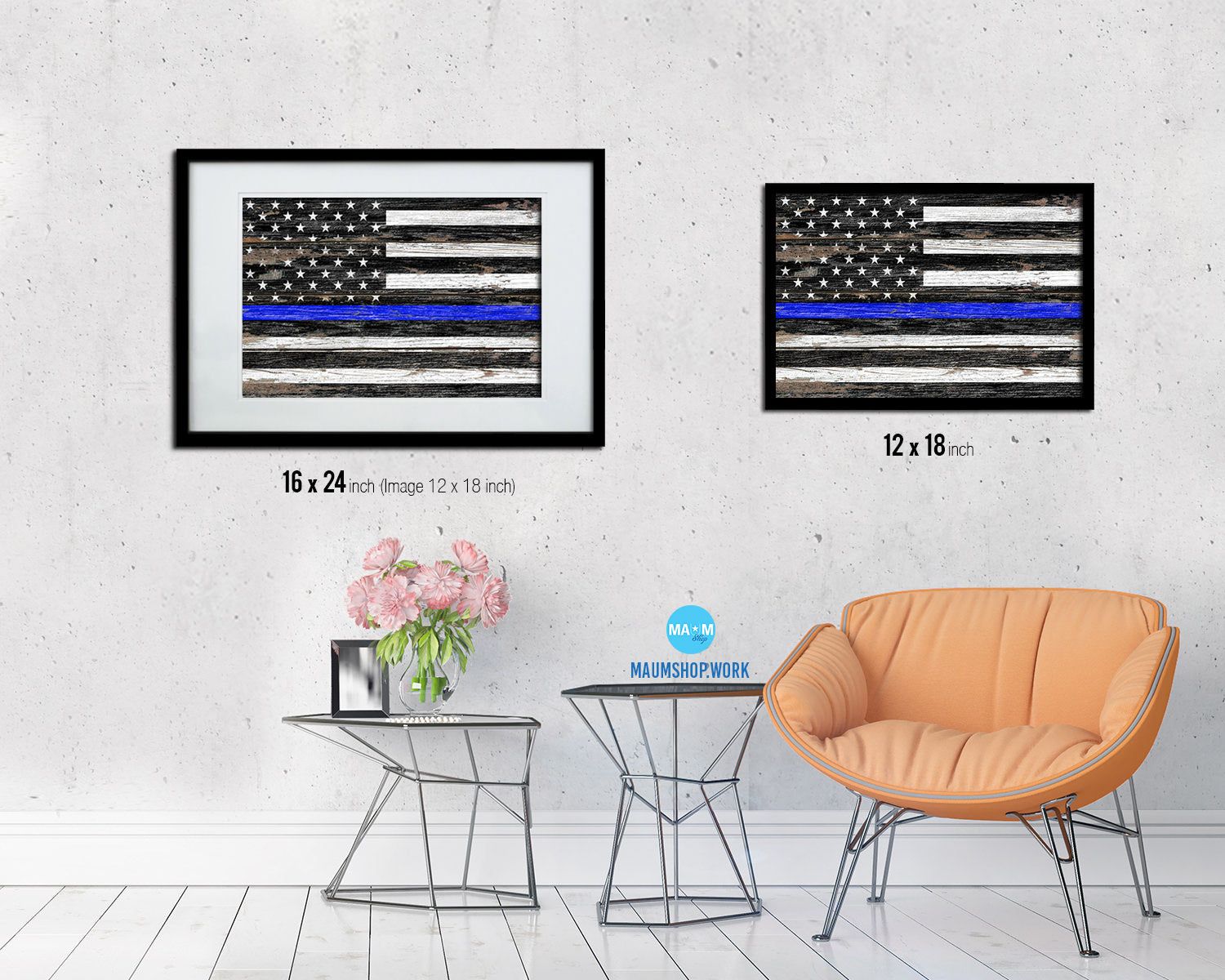 Thin Blue Line Honoring Law Enforcement American, Blue lives matter Wood Rustic Flag Framed Print Art