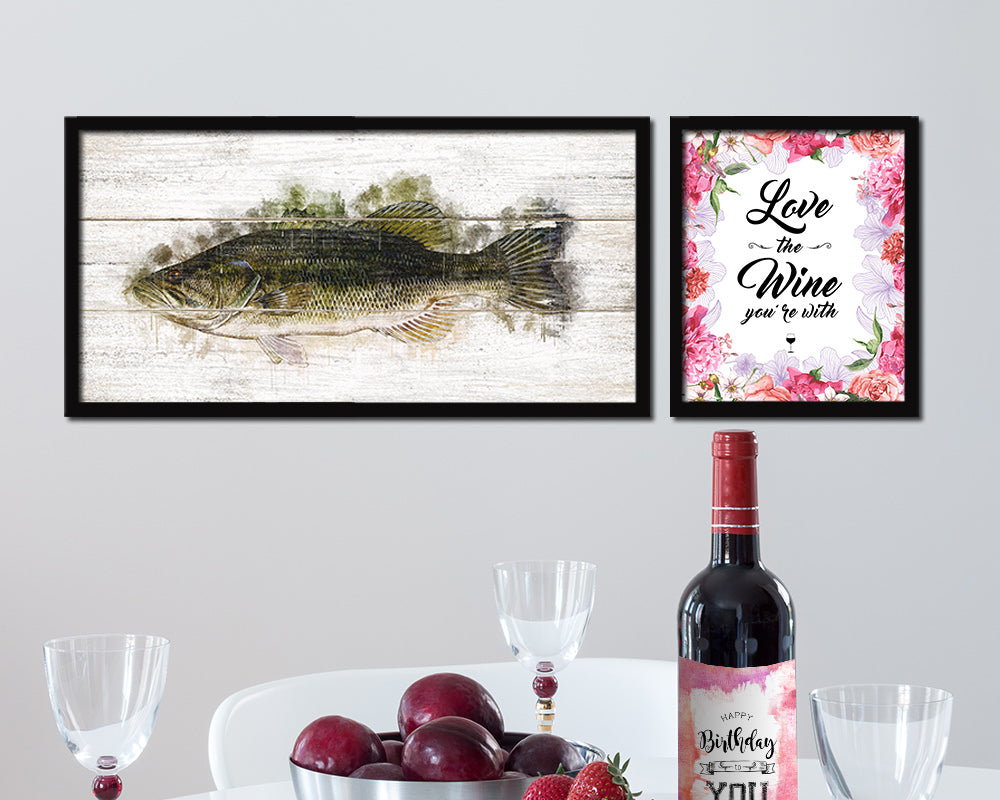 Largemouth Bass Fish Art Wood Framed White Wash Restaurant Sushi Wall Decor Gifts, 10" x 20"