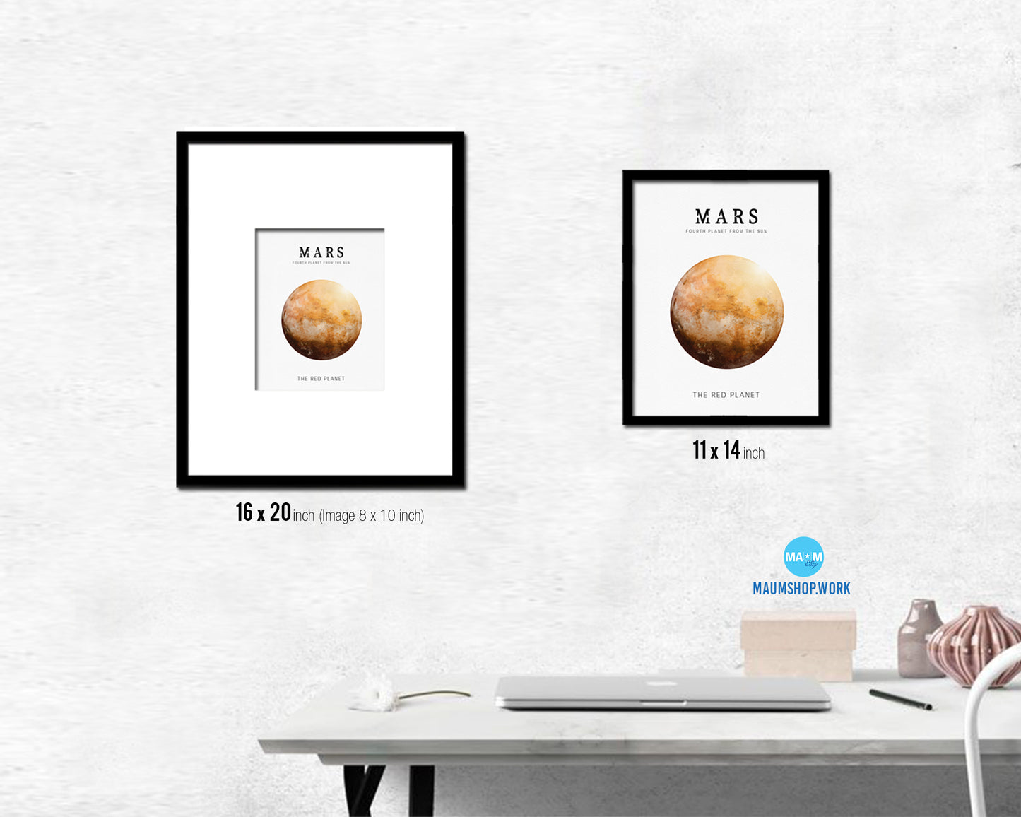 Mars Planet Prints Watercolor Solar System Wood Framed Paper Print Wall Art Decor Gifts