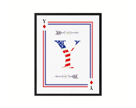 Letter Y Custom Monogram Decks Diamond American Flag Framed Print Wall Art Decor Gifts