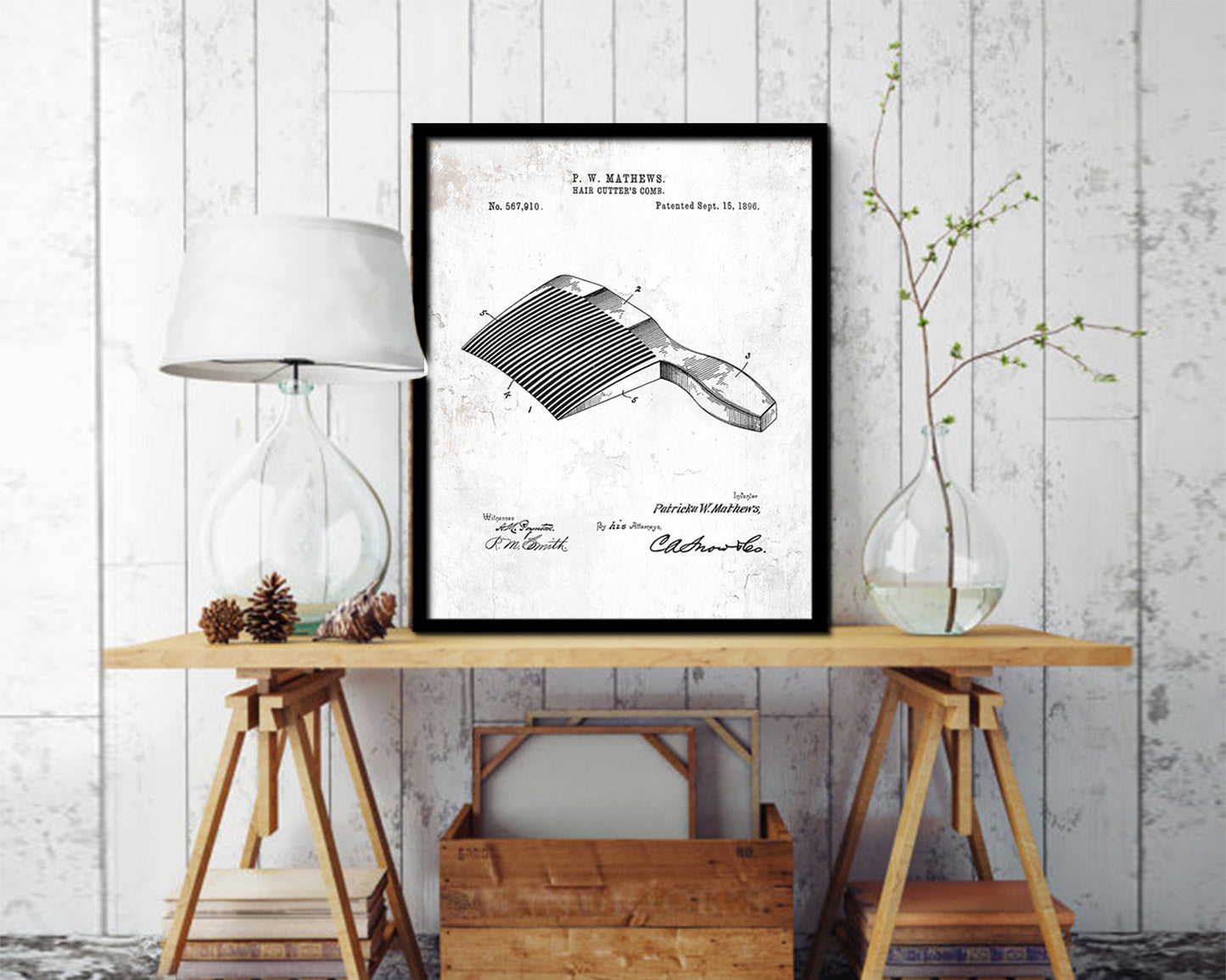 Hair Cutter's Comb Barbershop Vintage Patent Artwork Black Frame Print Wall Art Decor Gifts