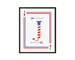 Letter J Custom Monogram Decks Diamond American Flag Framed Print Wall Art Decor Gifts