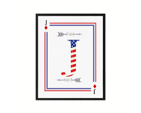 Letter J Custom Monogram Decks Diamond American Flag Framed Print Wall Art Decor Gifts